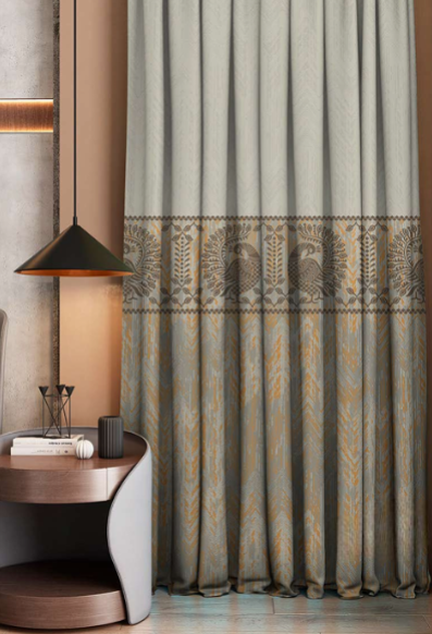 Designer curtains - Elegant Grey and Gold Embroidered Curtains with Traditional Peacock Motif