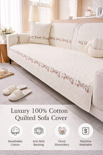 Luxury 100% Cotton Quilted Sofa Cover | Modern &amp; Minimalist | Anti-Skid Slipcover | Soft Breathable Couch Protector