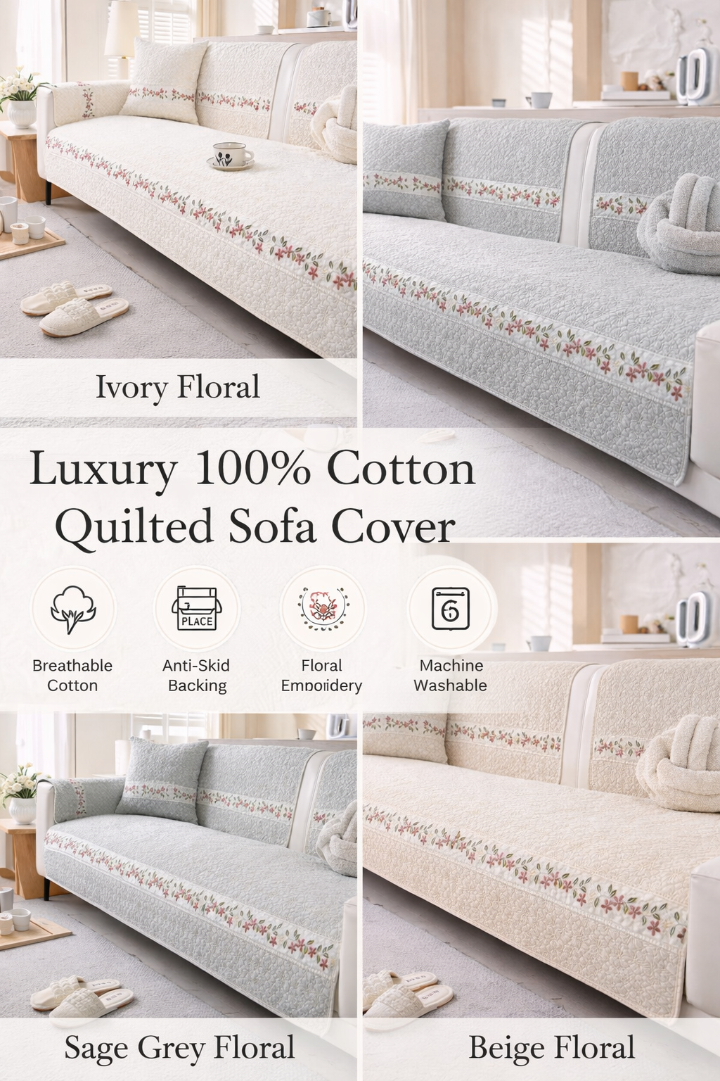 Luxury 100% Cotton Quilted Sofa Cover | Modern &amp; Minimalist | Anti-Skid Slipcover | Soft Breathable Couch Protector