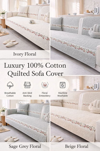 Luxury 100% Cotton Quilted Sofa Cover | Modern &amp; Minimalist | Anti-Skid Slipcover | Soft Breathable Couch Protector