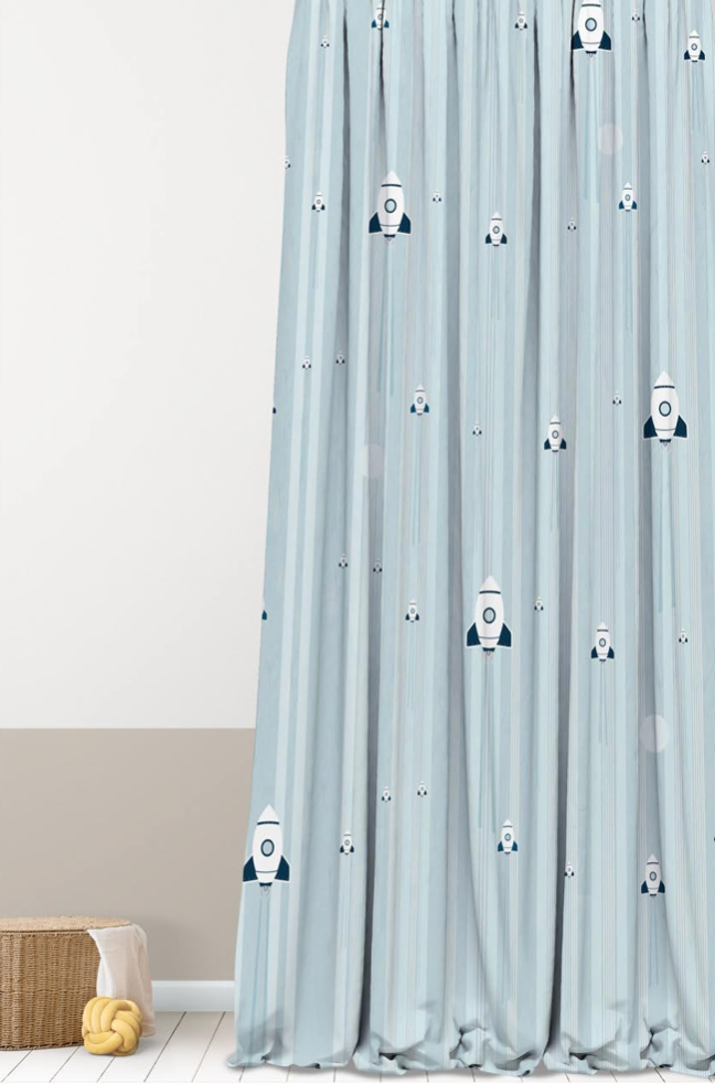 Designer Curtain -Blue Rocket Adventure Space-Themed Curtain