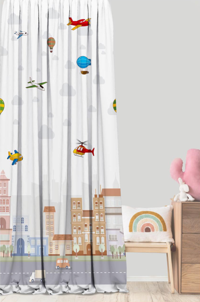 Designer Curtain -City Skies Adventure Curtain with Planes and Helicopters