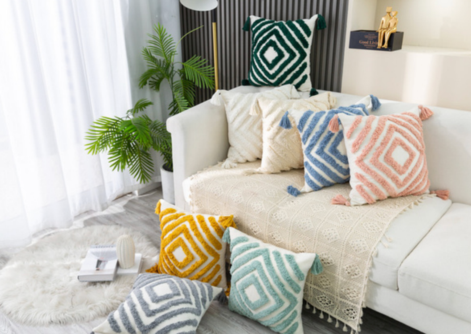 Geometric Diamond Tassel Cushion Collection