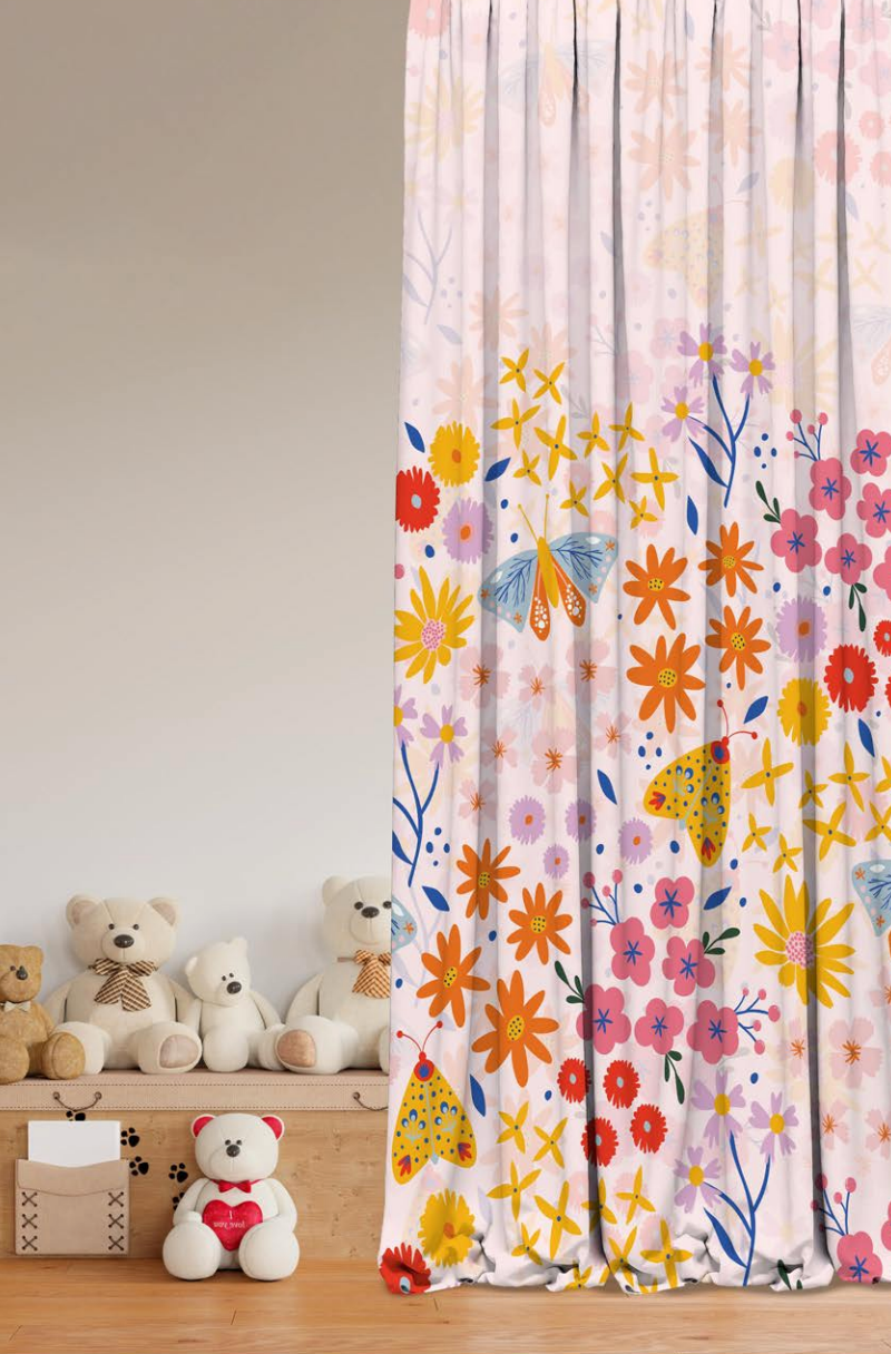 Designer Curtain -Butterfly Meadow Floral Curtains (Whimsical Garden Delight)