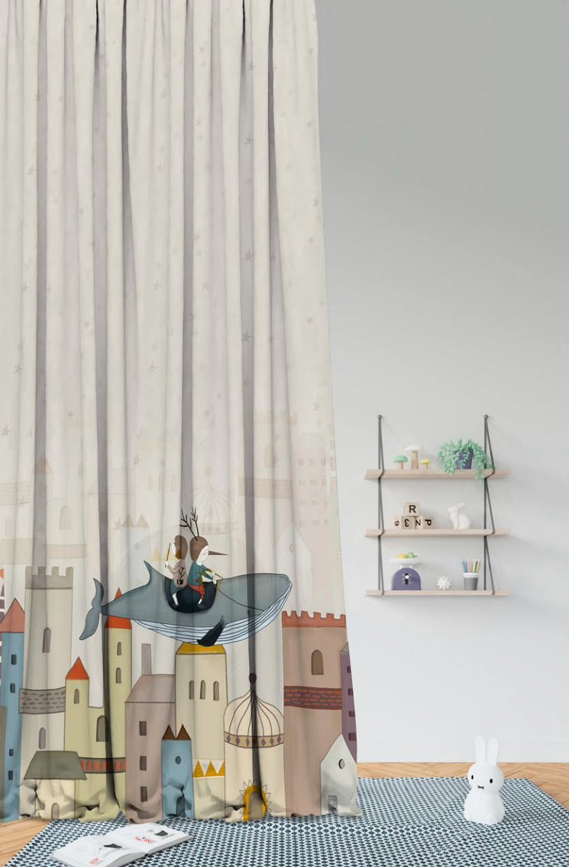 Designer Curtain -Dreamy Castle Adventure Kids Curtains (Magical Whale Ride)