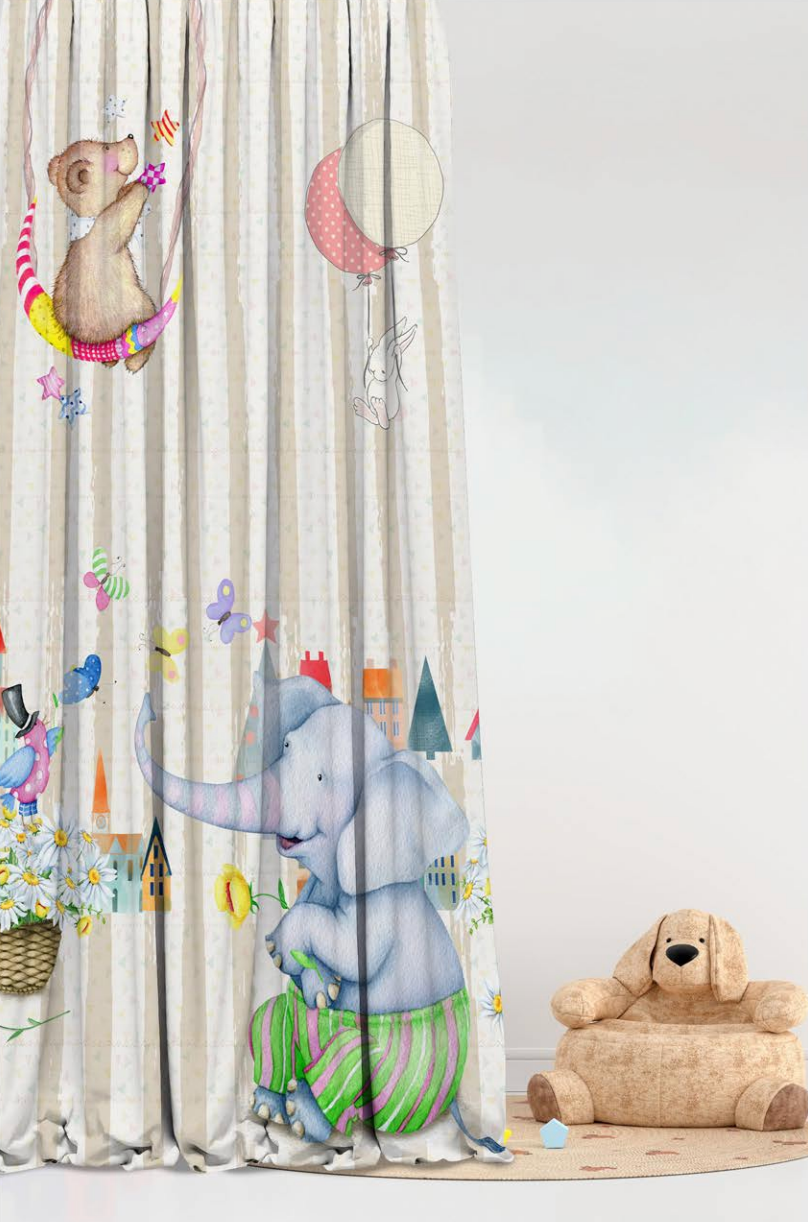 Designer Curtain -Playful Safari Friends Kids Curtains (Elephant, Bear &amp; Bunny Adventures)