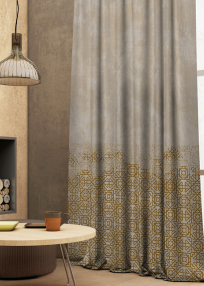 Designer curtains - Elegant Taupe Curtains with Intricate Gold Geometric Pattern