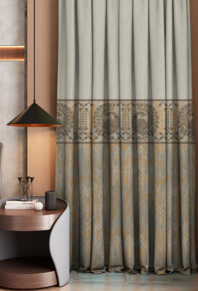 Designer curtains -  Elegant Grey and Gold Embroidered Curtains with Traditional Peacock Motif